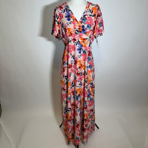 NWT MSK Flutter Sleeve V-Neck Multi Floral Print Chiffon Dress Womens Size Small - Picture 5 of 16